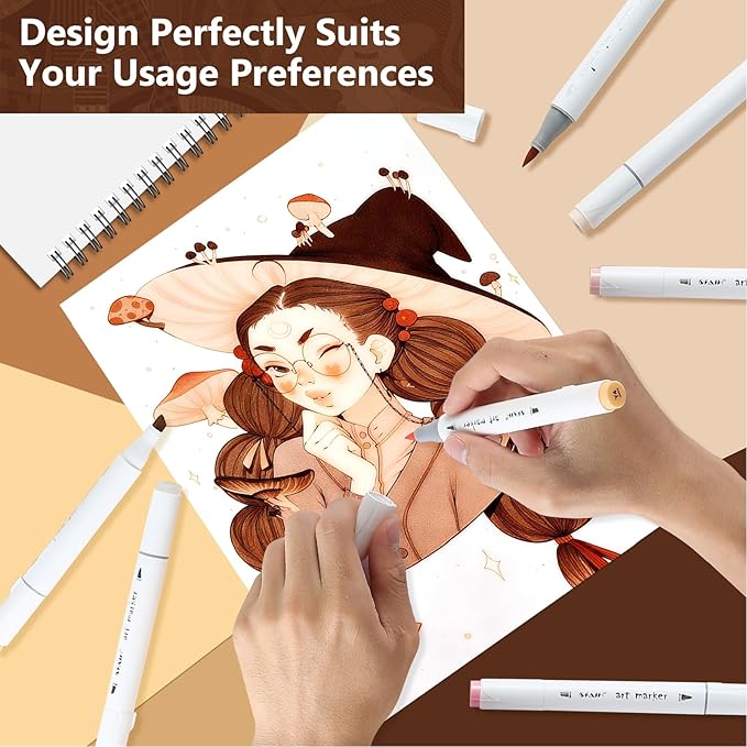 SFAIH Skin Tone Alcohol Markers Brush & Chisel - 37 Portrait Color Permanent Markers for Adults/Teen/Artists/Creators, Blendable Art Markers for Coloring Sketch & Drawing & Illustration-Refillable Ink