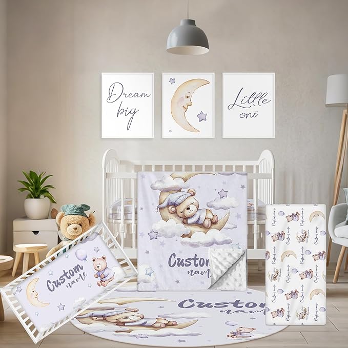 Personalized Crib Bedding Set, 5 Pcs Custom Nursery Bedding Sets with Name, Purple Bear Infant Bedding Set for Baby Girl Boy, Double Layer Baby Crib Set, Babies Toddlers Kids Customized Gifts