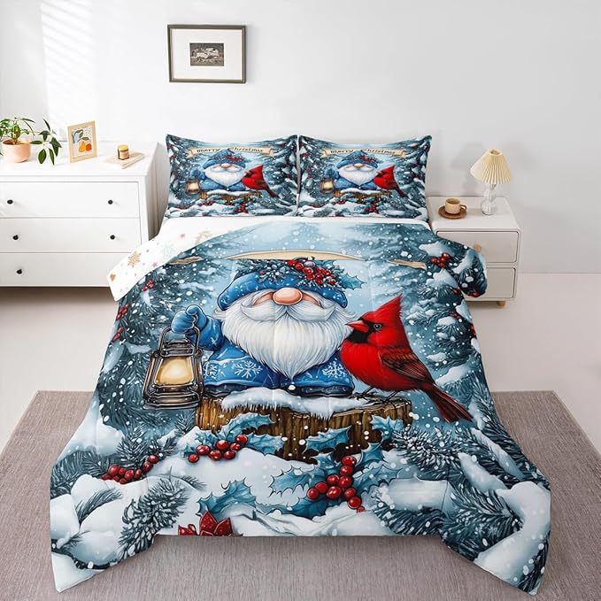 Kawaii Santa Claus Girls Bedding Set Twin Size,Poinsettia Cardinal Christmas Birds Comforter Set,Holly Berry Winter Snowflake Quilt Comforter Girl Boy Teens,Blue Red Room Decor All Season,1 Pillowcase