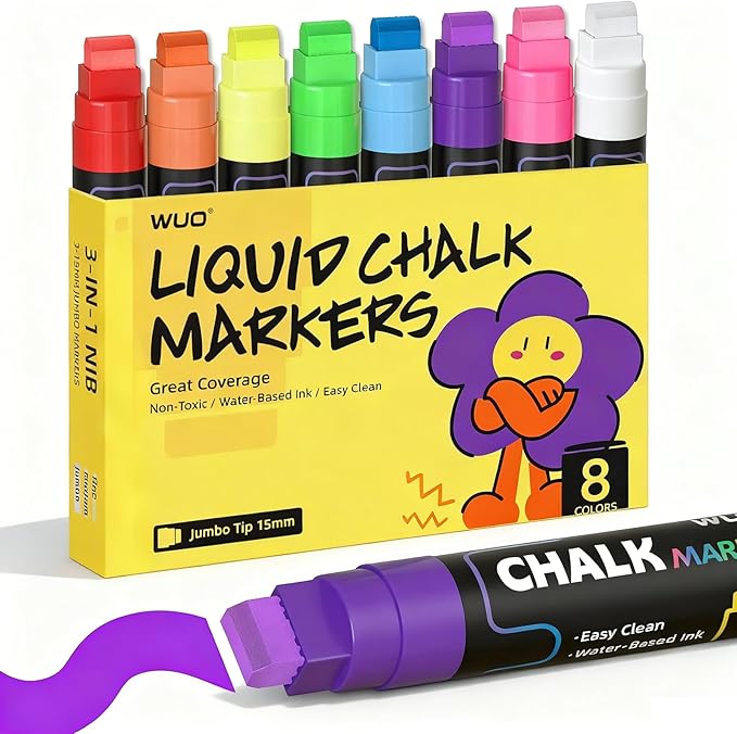 WUO Window Chalk Markers,8 Colors Car Markers,15mm 3-In-1 Jumbo Wide Nib, Dust-Free & Non-Toxic - Erasable Blackboards Marker For Rock Painting, Poster, Stone, Ceramic, Glass