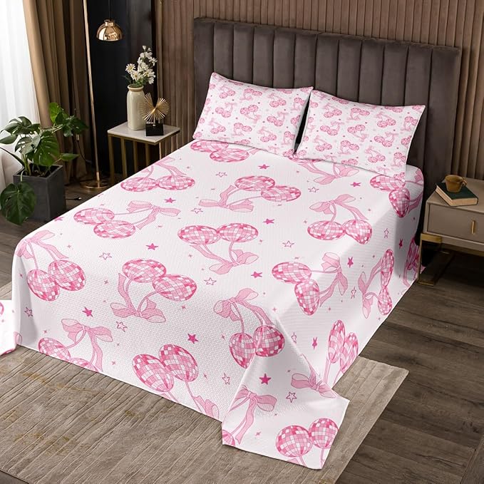 Bowknot Princess Kids Bedspread King Size,Disco Crystal Ball Western Cowgirl Coverlet Set,Girls Women Room Decor,Starry Sky Bow Tie Romantic Quilted Coverlet,Pink Girly Bedding Quilt,2 Pillowcases