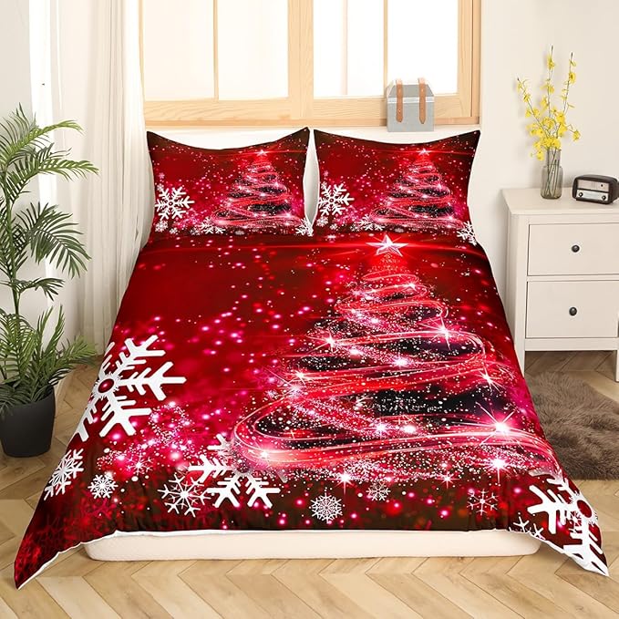 Manfei Red Xmas Tree Duvet Cover Set Queen Size, White Snowflake Print Bedding Set 3pcs for Kids Boys Girls Bedroom Decor, Christmas Theme Comforter Cover with 2 Pillowcases,No Comforter