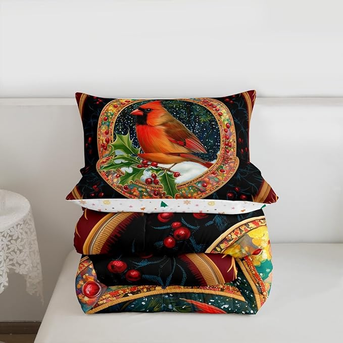 Feelyou Merry Christmas Comforter Set Queen Size Robin Bird Bedding Set for Kids Boys Girls Snowflake Duvet Quilt Winter Bedroom Decor Microfiber 3 Pcs with 2 Pillow Cases