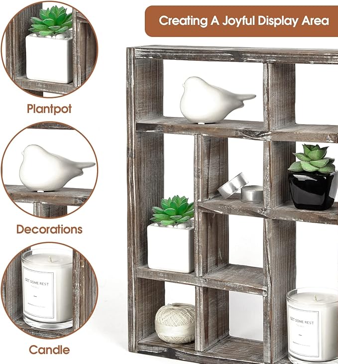 J JACKCUBE DESIGN Rustic Multi-Slot Shelf Cube Display 9 Compartment Shadow Box Wall mountable Shelf for Collection Square Freestanding Case Farmhouse Décor - MK570A (Rustic Wood)