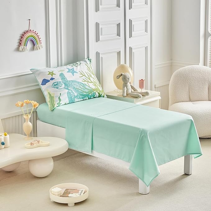 4 Pieces Sea Turtle Toddler Bedding Set for Boys Girls Teal Blue White Toddler Bed Set with Seaweed Starfish Soft Blue Cute Toddler Bed in a Bag with Sheet Set and Pillow Shams