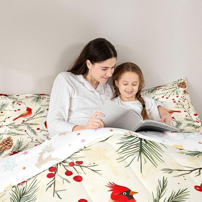 Feelyou Cardinal Bird Kids Comforter Set Full Size Pine Branch Bedding Set Red Berry Duvet Quilt for Kids Boys Girls Bedroom Pine Cone Decor Winter Christmas Pattern Microfiber Ultra Soft Breathable