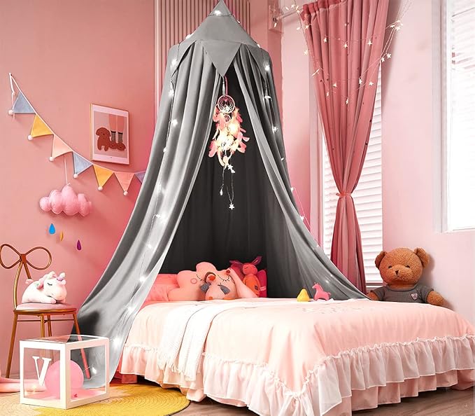 Akiky Toddler Bed Canopy for Kids with Lights,Princess Dream Catcher for Girls Reading Nook Bed Tent for Toddlers Boys,Adults,Bedroom Decor(Gray)