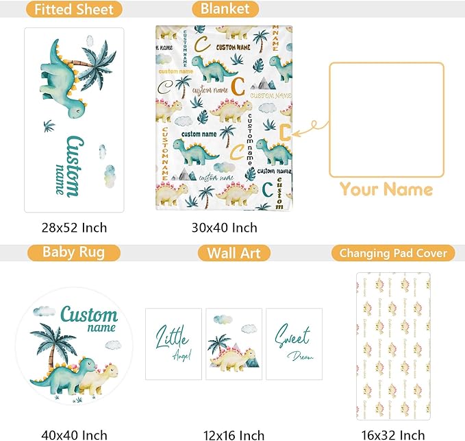 Personalized Baby Crib Set, 5 Pcs Baby Boy Crib Bedding Set, Custom Name Dinosaur Baby Crib Bedding Set Neutral, Double Layer Flannel Nursery Bedding Set, Customized Gifts for Toddler Infant