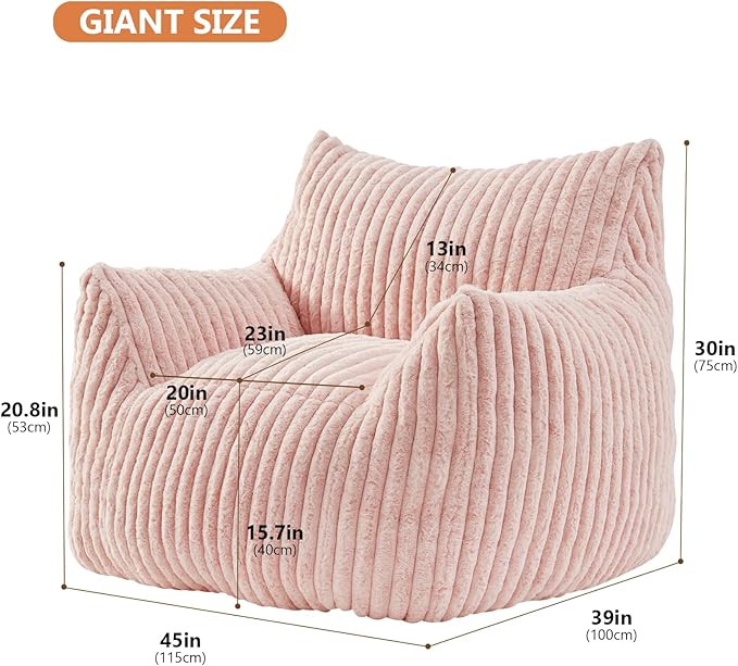 Giant Bean Bag Chairs for Adults with Filling Plush Fluffy Bean Bag Chairs for Teens with Armrests Comfy BeanBag Lazy Couch Sofa Chair for Bedroom Living Room Reading