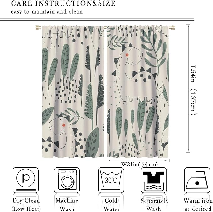 Funny Dinosaur Curtains, Jungle Cute Cartoon Animals Tropical Leaves Plant Beige Green Print Blackout Window Treatments for Kids Boys Girls Bedroom Living Room 42x54 Inch