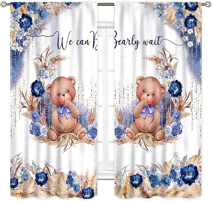 Bear Curtains for Kids Room, Baby Boys Girls Cute Lovely Bear Watercolor Floral Blue Window Drapery Treatments for Living Room Bedroom Nursey Toddler Classroom 2 Panels, 55"x63" Inch