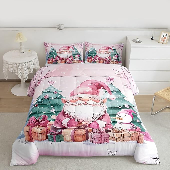 Feelyou Pink Christmas Comforter Set All Season Santa Claus Bedding Set with 2 Pillow Cases Cute Snowflake Kids King Bedclothes Merry Christmas Tree and Snowman Decor Duvet Quilt Soft