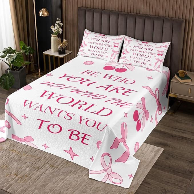 Manfei Pink Bowknot Kids Bedspread Queen Size,Cherry Tropical Fruit Cute Princess Coverlet Set,Girls Women Room Decor,Bow Tie Stars Daisy Floral Quilted Coverlet,Romantic Bedding Quilt,2 Pillowcases
