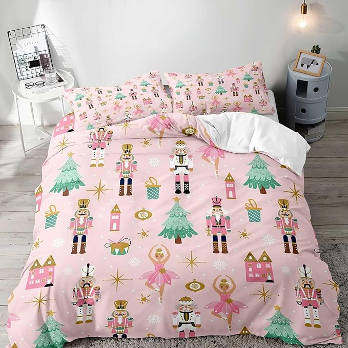 LUVIVIHOME 2PCS Christmas Nutcracker Duvet Cover Twin Bedding Sets, Light Pink Duvet Cover, Teen Girl Bedding, Christmas Tree Snowflake Winter Holiday Xmas Gifts Kids Comforter Cover, 1 Pillow Sham