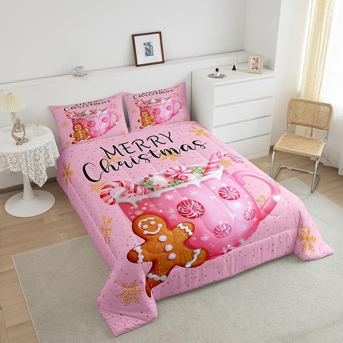 Erosebridal Merry Kids Twin Comforter Sets Christmas Decor Bedding Sets Pink Xmas Snowflake Down Comforter Dessert Gingerbread Man Bed Set for Boys Girls Teens
