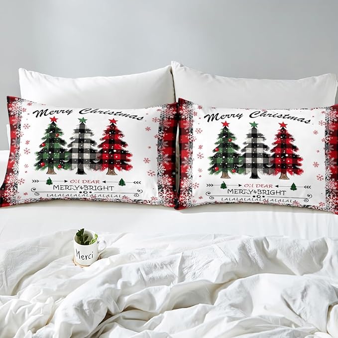 Manfei Xmas Tree Duvet Cover Set King Size, Merry Christmas Comforter Cover with 2 Pillowcases, New Year Theme Plaid Print Bedding Set 3pcs for Kids Boys Girls Bedroom Decor,No Comforter