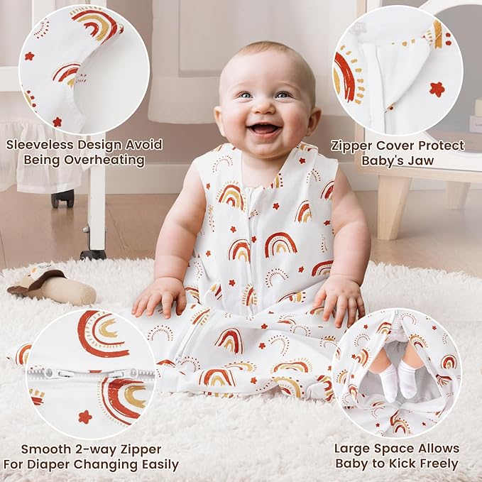PHF Soft Baby Sleep Sack 6-12 Months 100% Organic Cotton Wearable Blanket, 2-Way Zipper 0.5 TOG Toddler Sleeping Sack 3 Pack, Comfy Sleep Bag for Baby Boys Girls, Rainbow (Medium)