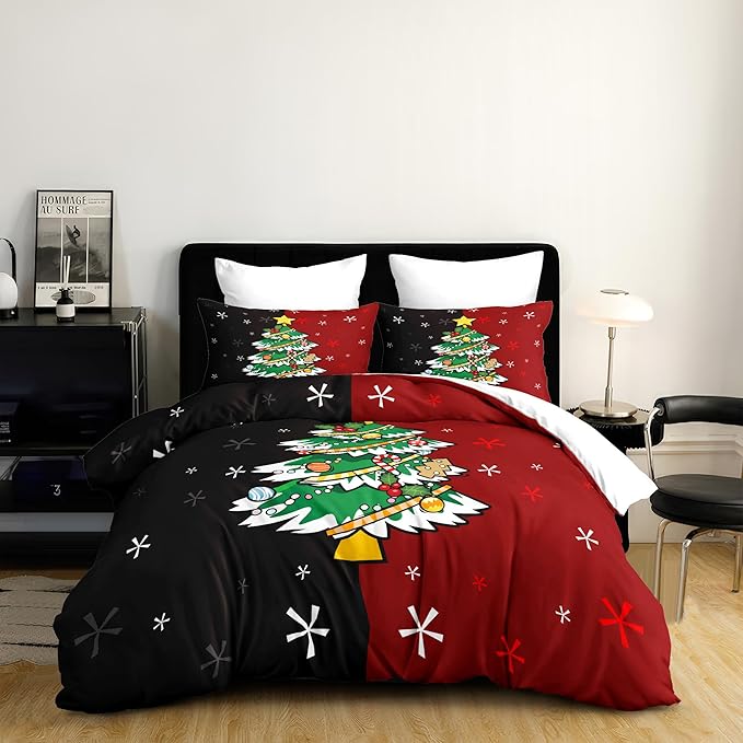 Christmas Duvet Cover King Size Black Red Christmas Tree Bedding Set Kids Boys Girls Xmas Couple Holiday Comforter Cover 3 Pieces with Zipper Closure (No Comforter)