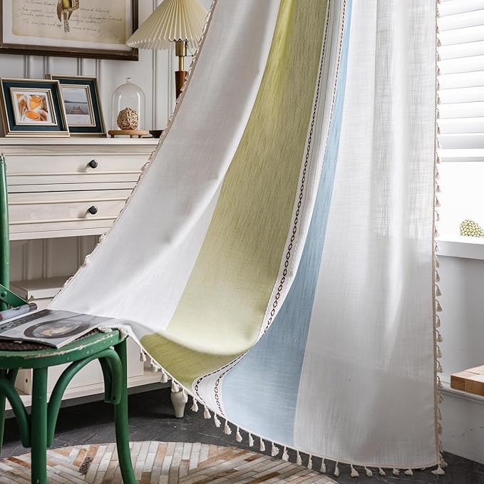 Deeprove Boho Linen Curtains 72 inch for Bedroom Living Room, Semi Blackout Country Rustic Tassels Window Treatment Bohemian Embroidery Drape Rod Pocket 1 Panel 52" W x 72" L, Blue and Sage Green
