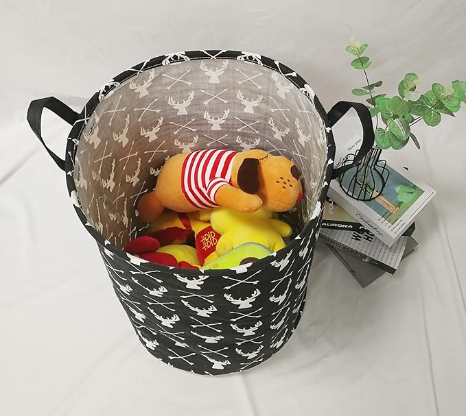 KUNRO Round Laundry Gift Basket Storage Hamper, Kids Toys and Clothes Storage Organizer Bins, Toy Shelf Basket with Handles for Room Decor (Deer)
