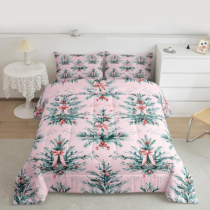 Feelyou Merry Christmas Kids Comforter Set Queen Size Green Xmas Tree Bedding Set Pink Bow Duvet Quilt for Kids Boys Girls Bedroom Decor Microfiber Ultra Soft Breathable