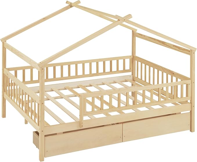 Full House Bed with 2 Storage Drawers, Kids Full Bed Frame with Rails and Roof, Tent Bed, Wooden Full Daybed, Full Montessori Bed for Kids Teens Girls & Boys, No Box Spring Needed (Natural)