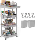 4 Tier Rolling Utility Cart with Drawer, Plastic Storage Organizer Rolling Carts with Wheels Handles Hanging Cups Hooks for Office, Bathroom, Kitchen,Craft Art Room (Grey)