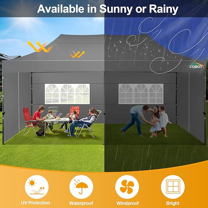 COBIZI 10x20 Pop up Canopy Tent 10x20 Canopy with 6 Sidewalls Waterproof Heavy Duty Commercial Tent for Parties Outdoor Garden Gazebo, Carry Bag with Wheel(10x20ft, Gray)