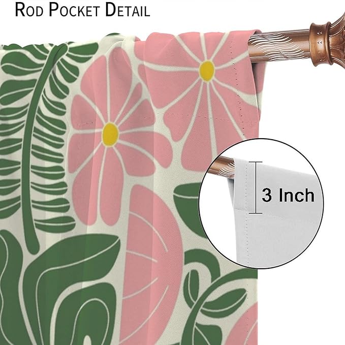 70s Flowers Curtains,Retro Geometric Boho Vintage Botanical Green Pink Flower Curtain for Bedroom Living Room Bathroom Window Curtains,70s Mid Century Flowers Window Treatments 55" W X 63" L