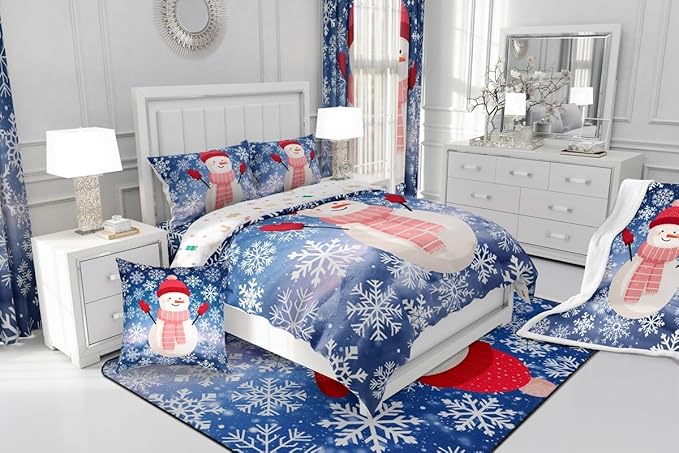 Feelyou Christmas Kids Comforter Set King Size Snowman Purple Blue Gradient Bedding Set Xmas Snowflakes Duvet Quilt for Kids Boys Girls Bedroom Winter Snow Decor Microfiber Ultra Soft Breathable