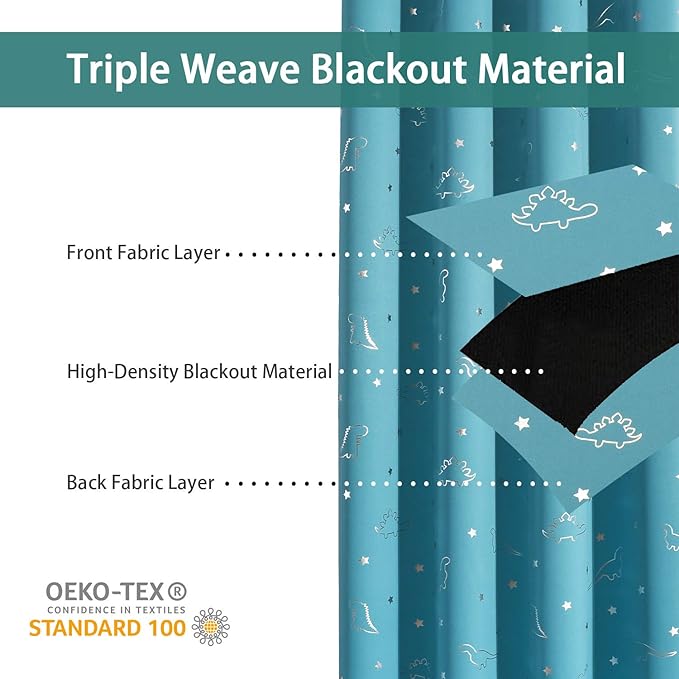 LORDTEX Dinosaur and Star Foil Print Blackout Curtains for Kids Room - Thermal Insulated Curtains Noise Reducing Window Drapes for Boys and Girls Bedroom, 42 x 84 Inch, Teal, Set of 2 Panels