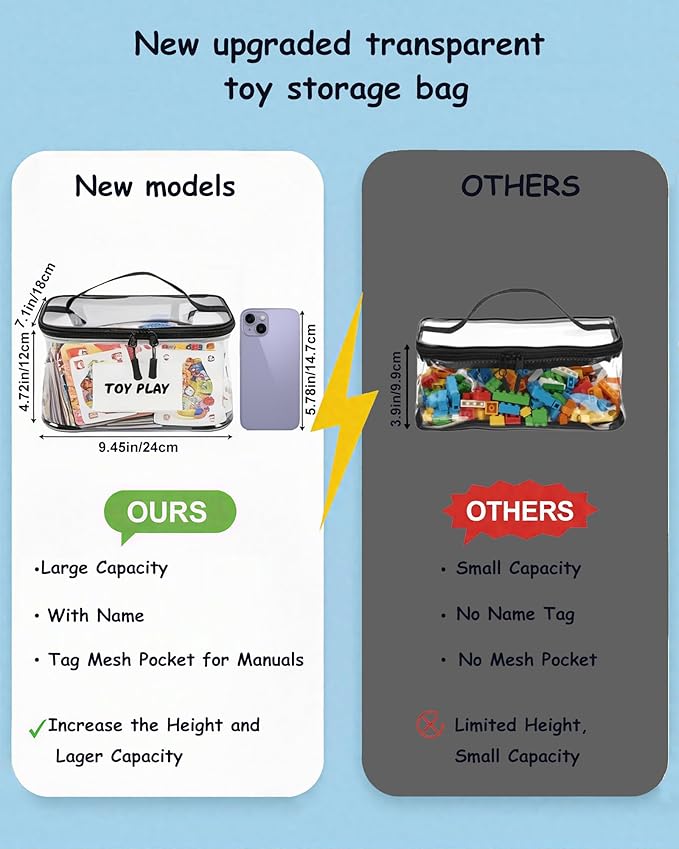 6 Pack Clear Toy Storage Bags with Tag and Manual Pocket – Versatile Waterproof Organizer Bags for Lego Bricks, Board Games, Building Blocks, Puzzles, Dolls, Books (Large Size, Black)
