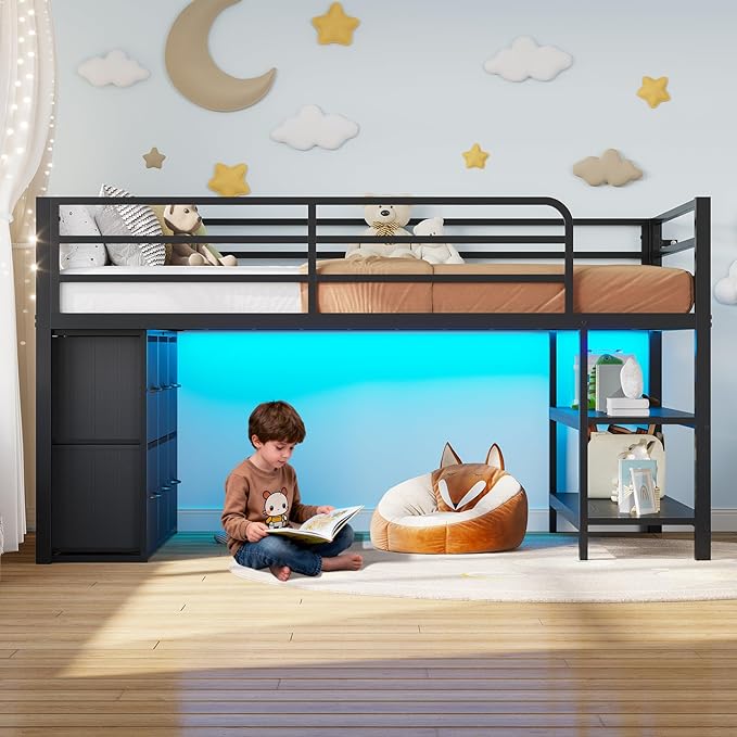 BTHFST Low Loft Bed Twin Size with 6 Storage Drawers, LED Lights, 2 Tier Storage Shelves, Kids Metal Loft Bed with 15" H Stairs & Safety Guardrail, Spave Saving, Black