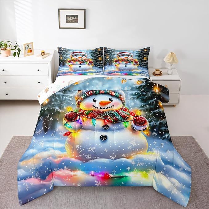 Lovely Snowman Comforter Set King Size,Xmas Colorful Lanterns Snowflake Kids Bedding Set,Winter Merry Christmas Quilt Comforter,Rainbow Duvet Insert,2 Pillowcases