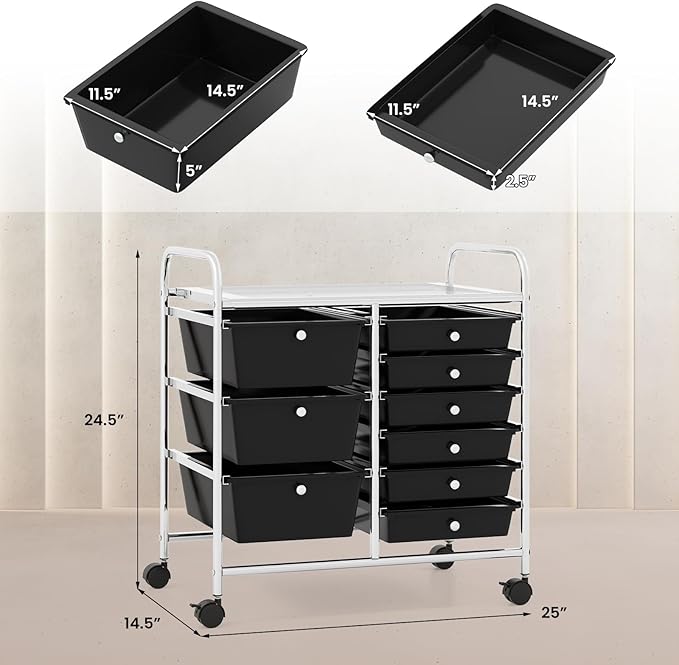 RELAX4LIFE 9 Drawer Rolling Storage Cart - Mobile Drawer Carts for Craft Art Supply Paper Salon, Utility Cart on Wheels for Classroom Teacher School Office, Rolling Cart with Drawers (Black)
