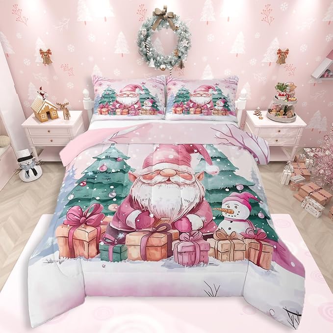 Feelyou Pink Christmas Comforter Set All Season Santa Claus Bedding Set with 2 Pillow Cases Cute Snowflake Kids Full Bedclothes Merry Christmas Tree and Snowman Decor Duvet Quilt Soft