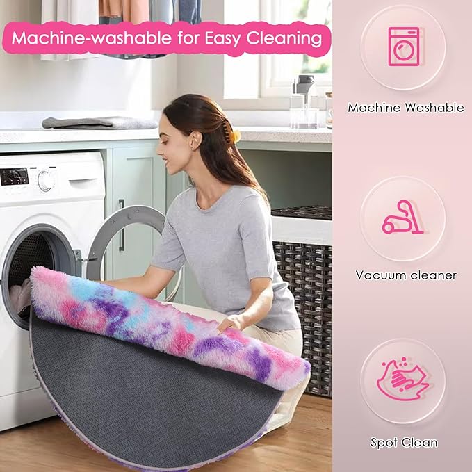 Amdrebio Hot Pink Rainbow Round Circle Area Rug 6Ft for Girls Bedroom, Large Fluffy Cute Fuzzy Colorful Pastel Kids Rugs for Nursery Playroom Classroom, Shag Princess Carpet for Baby Toddler Teen