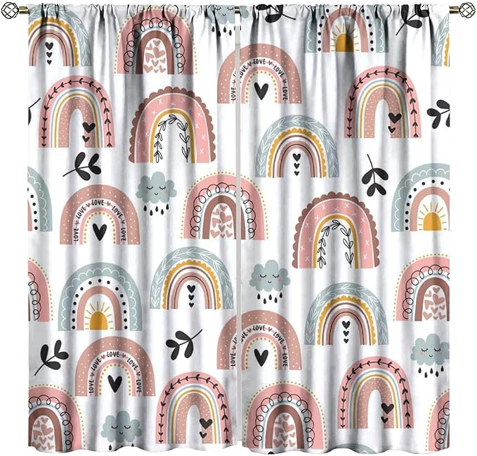 Kids Rainbow Curtains Boho Cartoon Colorful Stars Love Heart Lovely Abstract Art Pattern Print Window Drapes for Girl Bedroom Living Room Kitchen Decor,2 Panel Set,55Wx63H Inch Blackout