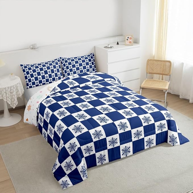 Feelyou Christmas Bedding Set Soft for Boys Girls, Checkered Comforter Set Toddler Size Snowflake Duvet Quilt Microfiber Xmas Decorations Bedroom Decor Blue 2 Pcs with 1 Pillow Cases