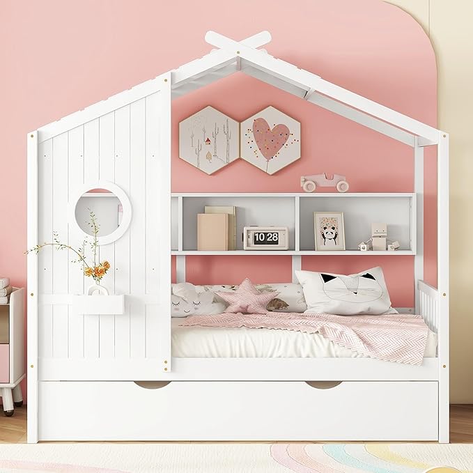Twin Size House Bed with Trundle for Kids,Twin Kids Bed Frame with Storage Shelves,Wood House Bed Frame for Girls,Boys,Can be Decorated,White