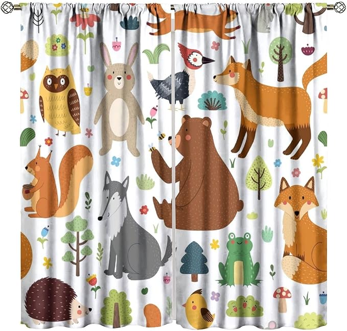 Kids Safari Animals Curtains, Baby Boy Girl Rustic Woodland Printed Cartoon Forest Window Treatments for Bedroom Living Room Nursery 2 Panels Sets, 42x54 Inch