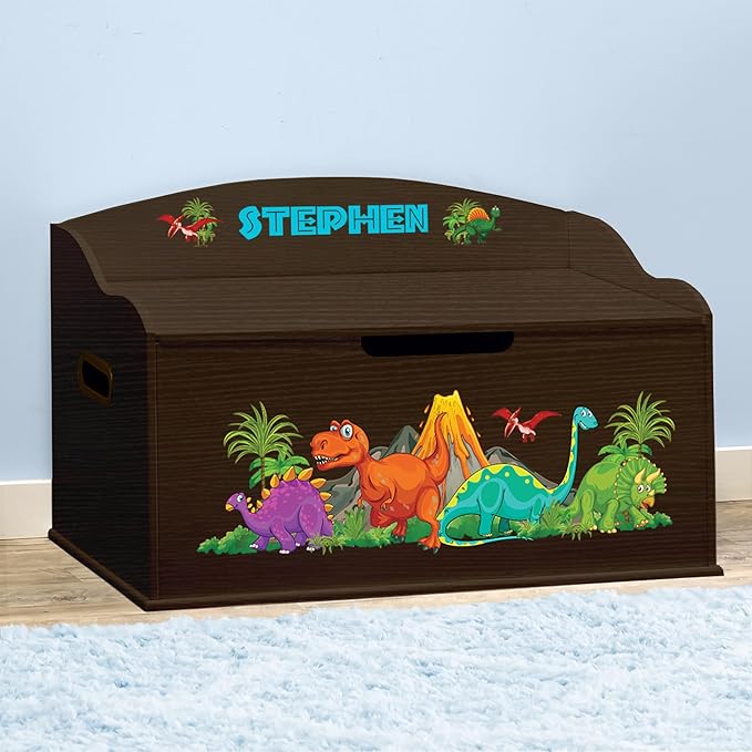 DIBSIES Personalized Creative Wonders Toy Box, Dinosaurs, 30 x 19.25 x 18 inches, Soft-Close Lid (Espresso)
