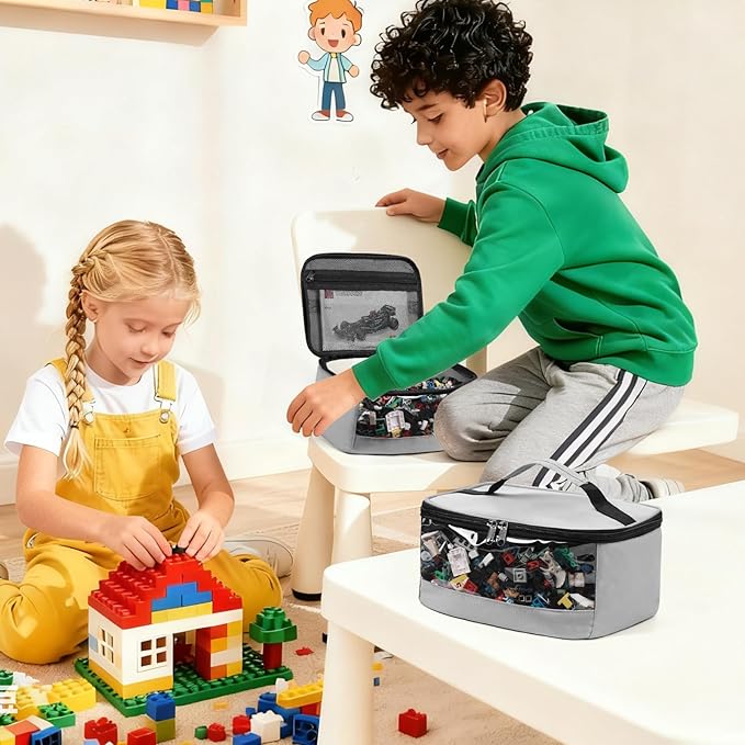 4 PCS Toy Storage Bags, Transparent PVC Toy Organizer Bag with Manual Pocket for Classic Building Bricks, Puzzles,Toy Cars, Large Size, Grey