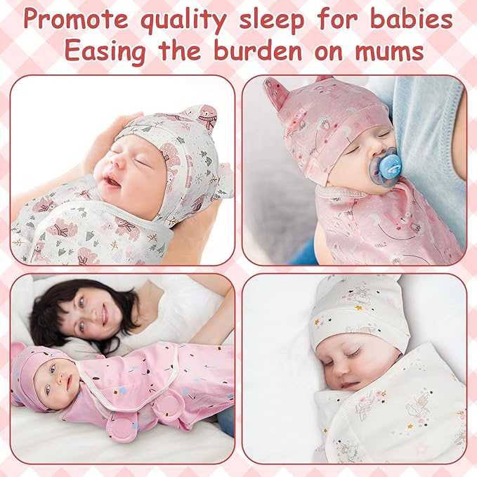 Ramede 6 Pack Preemie Swaddle Blanket with Hats Sleep Swaddle for Baby Boy Girl Preemie Newborn Sacks Soft Cotton Wearable(Bear,Pink)