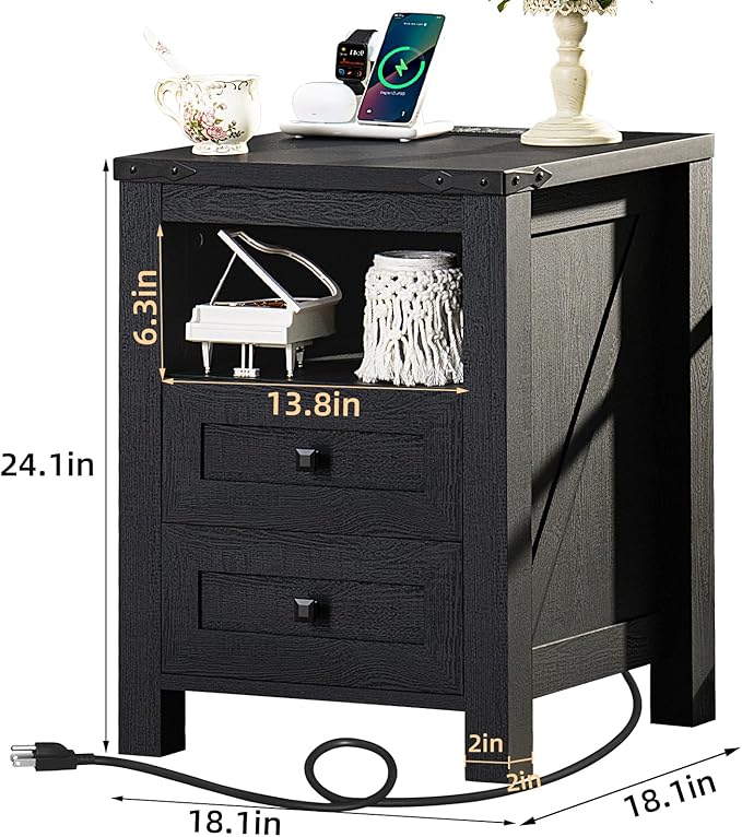 Farmhouse Living Room Sets, Night Stands Set of 2 and 6 Drawers Dresser for Bedroom, 58 Inch Wide Wood Dresser and 18.1" Night Stands with Charging Station for Bedroom, Living Room, Hallway