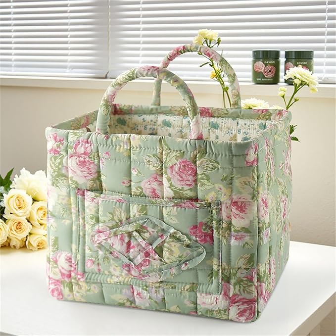 Boho Fabric Storage Basket, Collapsible Floral Laundry Nursery Hamper, Portable Folding Organizer Bin for Home Office Picnic Clothes Toys Books Sundries Storage (Floral 6)
