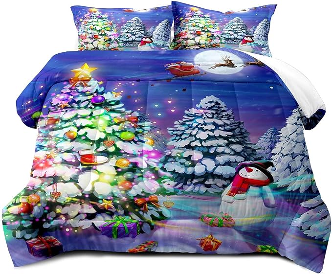 LUVIVIHOME 2PCS Christmas Comforter Set Twin Size, Cute Snowman Santa Claus Kids Bedding, Winter Xmas Merry Christmas Bedroom Decor for Boys Girls Teens, Xmas Gifts, 1 Pillow Sham