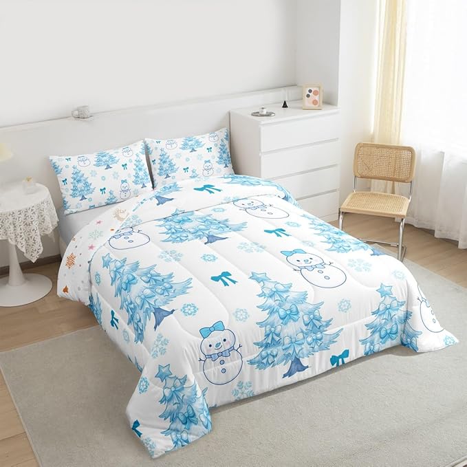 Feelyou Merry Christmas Bedding Set Soft for Boys Girls, Cute Snowman Comforter Set Queen Size Cartoon Bowknot Duvet Quilt Microfiber Christmas Tree 3 Pcs with 2 Pillow Cases