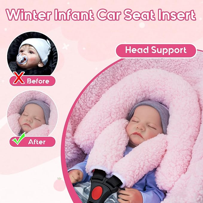 Winter Infant Car Seat Insert, Newborn Car Seat Head Support with 2 Car Seat Strap Pads, Plush Fleece Car Seat Cushion for Baby, Warm Stroller Padding for Swing, Bouncer, Rocker, Carseat