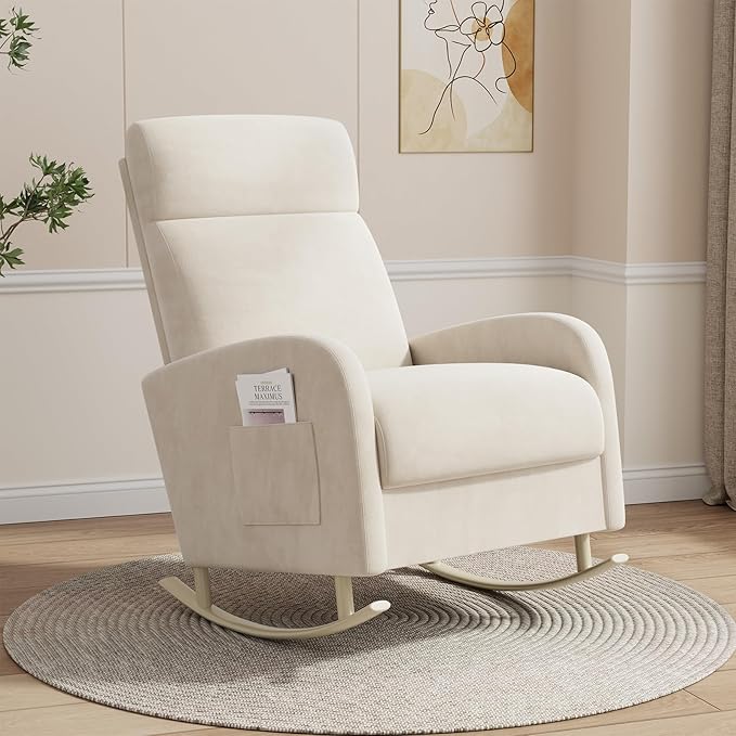 Rocking Chair Nursery, Upholstered Glider Chair with Side Pocket, Modern Nursery Chair with High Backrest and Rubber Metail Legs, Accent Armchair for Living Room Bedroom Indoor (Beige Velvet)